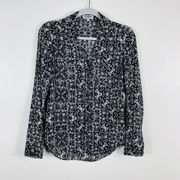Express Size XS Printed Slim Fit Portofino Long Sleeve Button Shirt Top Black - Picture 1 of 5